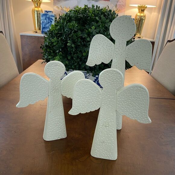 Set of three vintage modernist mid century carved wood Christmas angels white - Picture 1 of 5